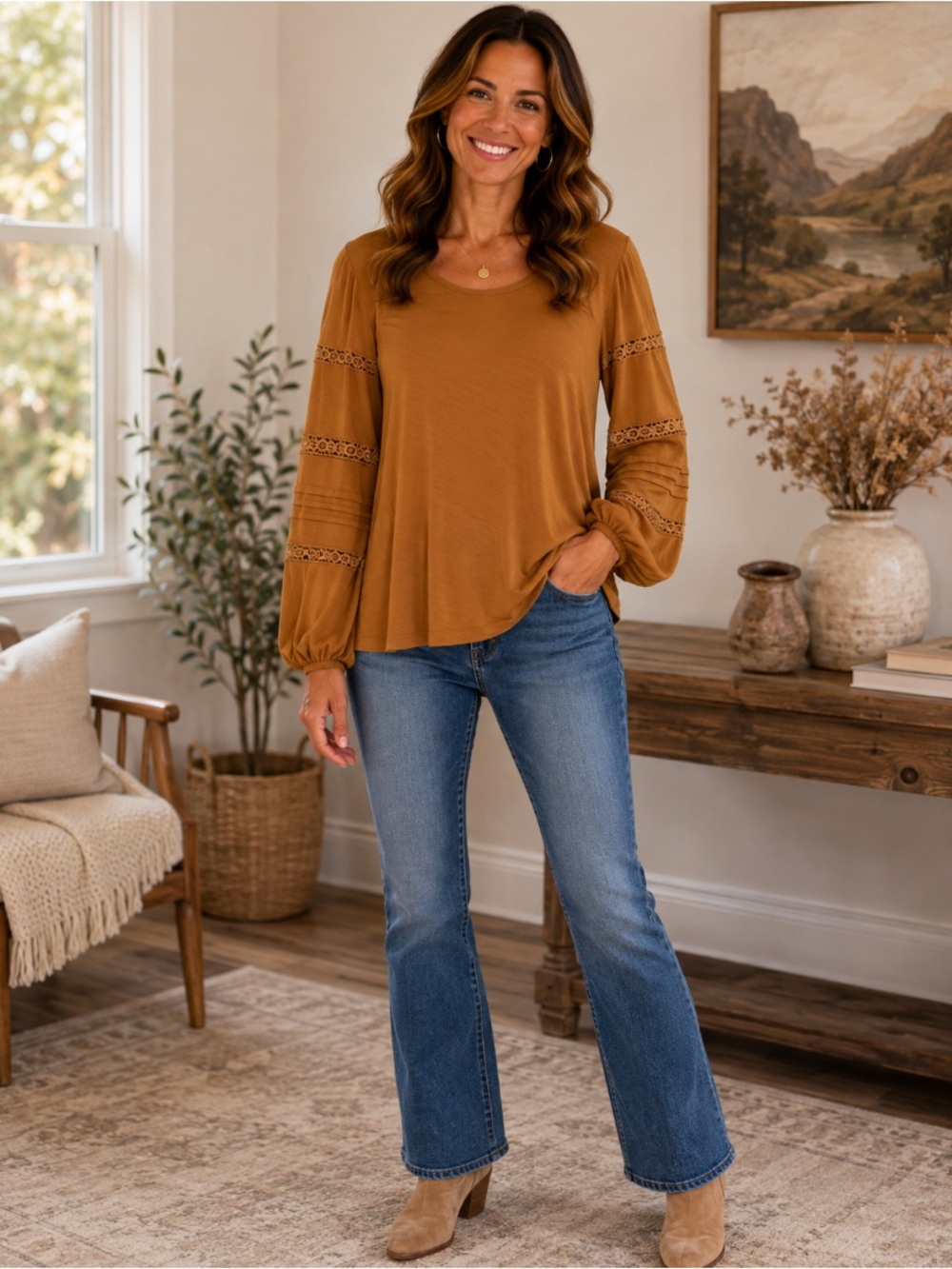 Women's Mustard Lace-Trim Long Sleeve Blouse